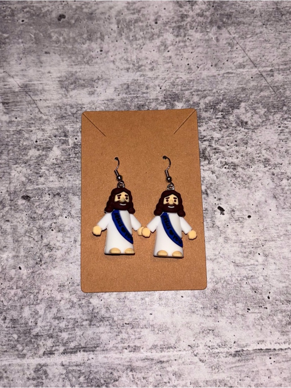 Handmade Jesus Loves You Earrings NEW Dark Blue Sash